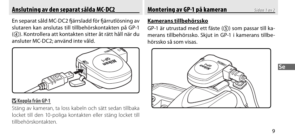 Anslutning av den separat sålda mc-dc2, Montering av gp-1 på kameran | Nikon GP-1-DSLR User Manual | Page 101 / 418