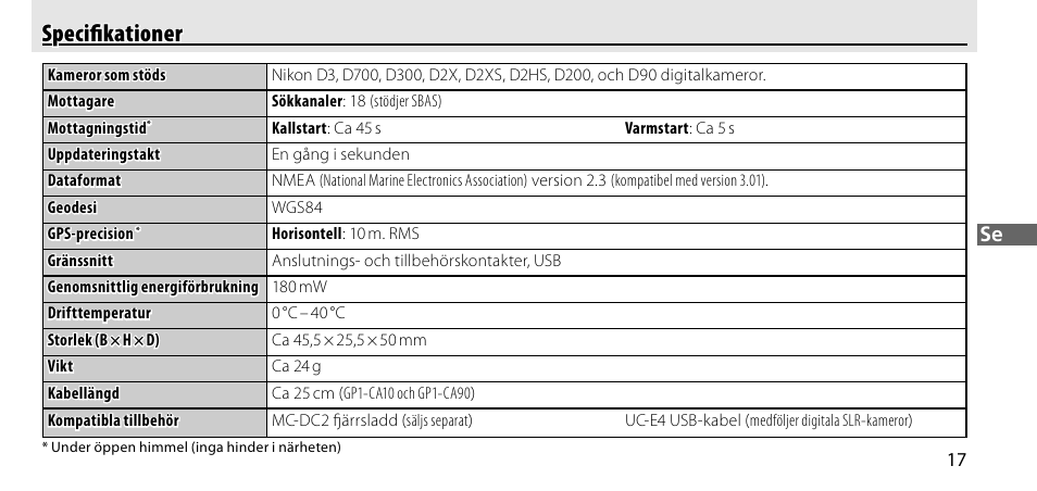 Specifikationer, Speciﬁ kationer | Nikon GP-1-DSLR User Manual | Page 109 / 418