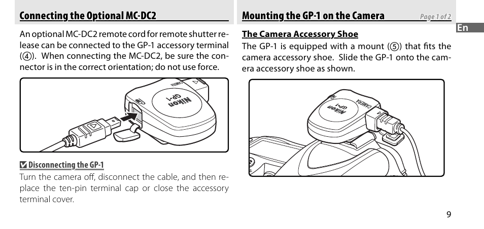 Connecting the optional mc-dc2, Mounting the gp-1 on the camera | Nikon GP-1-DSLR User Manual | Page 11 / 418
