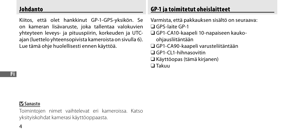 Johdanto, Gp-1 ja toimitetut oheislaitteet | Nikon GP-1-DSLR User Manual | Page 114 / 418