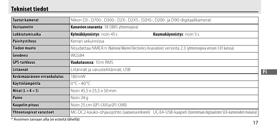 Tekniset tiedot | Nikon GP-1-DSLR User Manual | Page 127 / 418