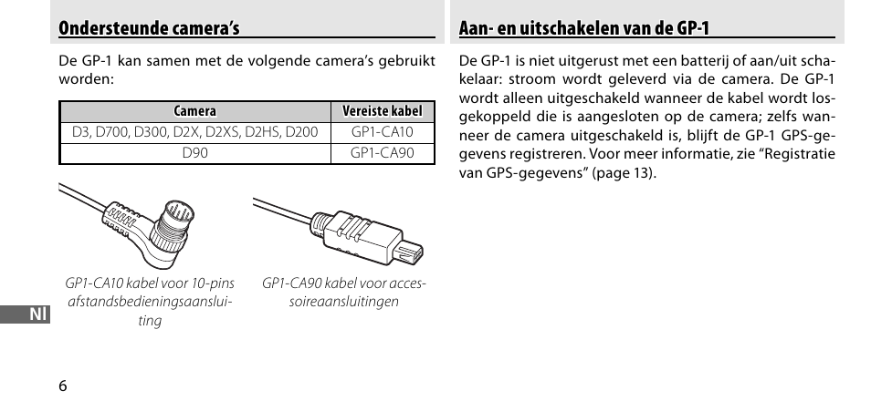 Ondersteunde camera’s, Aan- en uitschakelen van de gp-1 | Nikon GP-1-DSLR User Manual | Page 170 / 418