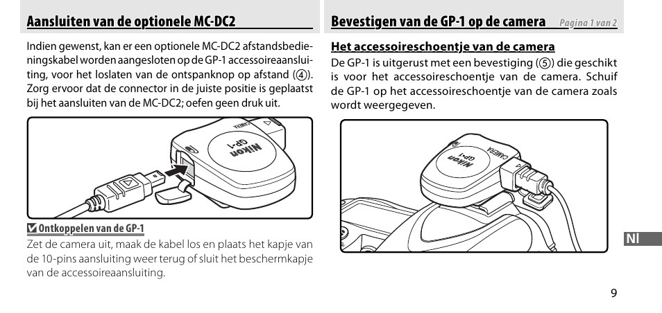 Aansluiten van de optionele mc-dc2, Bevestigen van de gp-1 op de camera | Nikon GP-1-DSLR User Manual | Page 173 / 418