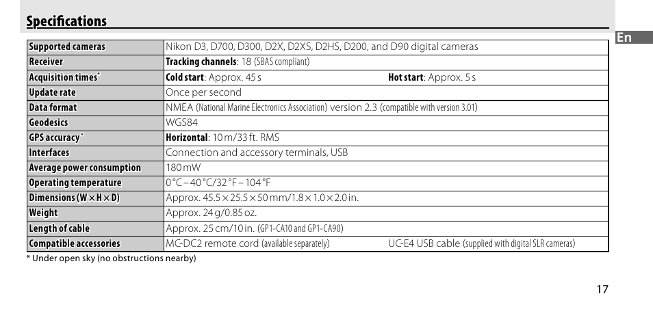 Specifications, Speciﬁ cations | Nikon GP-1-DSLR User Manual | Page 19 / 418