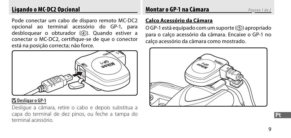 Ligando o mc-dc2 opcional, Montar o gp-1 na câmara | Nikon GP-1-DSLR User Manual | Page 191 / 418
