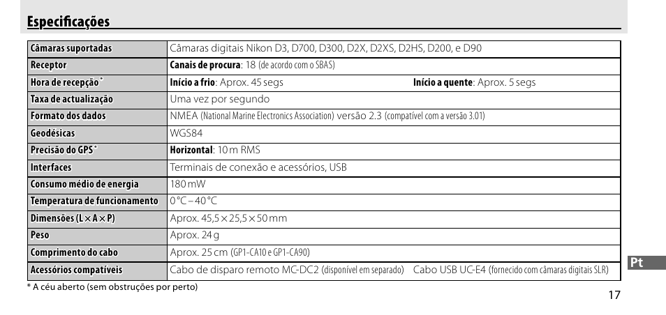 Especificações, Especiﬁ cações | Nikon GP-1-DSLR User Manual | Page 199 / 418