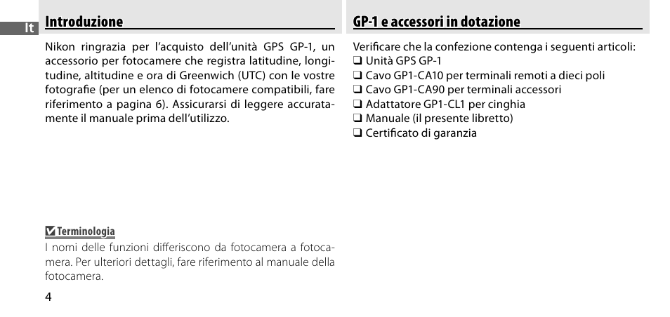 Introduzione, Gp-1 e accessori in dotazione | Nikon GP-1-DSLR User Manual | Page 204 / 418