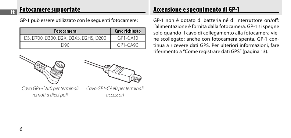 Fotocamere supportate, Accensione e spegnimento di gp-1 | Nikon GP-1-DSLR User Manual | Page 206 / 418