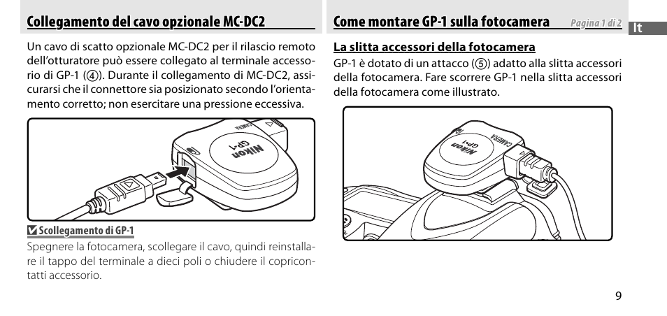Collegamento del cavo opzionale mc-dc2, Come montare gp-1 sulla fotocamera | Nikon GP-1-DSLR User Manual | Page 209 / 418