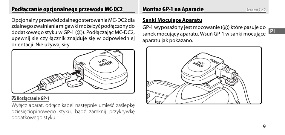 Podłączanie opcjonalnego przewodu mc-dc2, Montaż gp-1 na aparacie | Nikon GP-1-DSLR User Manual | Page 245 / 418