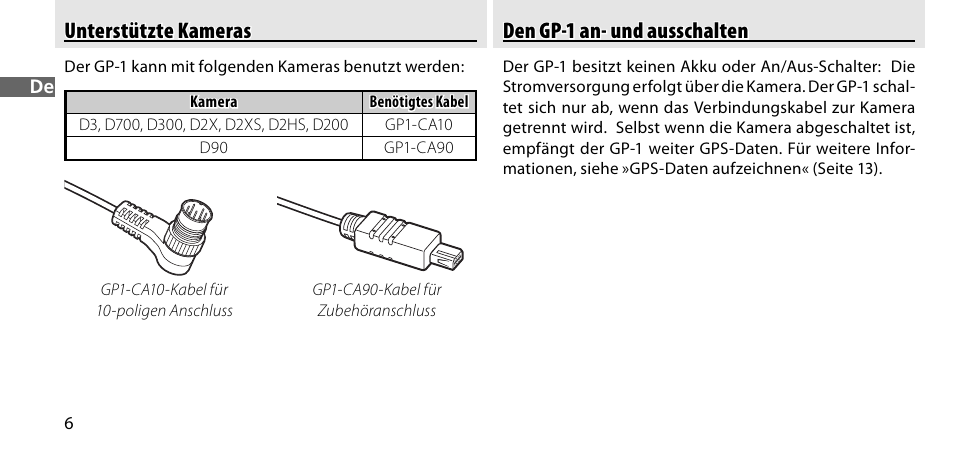 Unterstützte kameras, Den gp-1 an- und ausschalten | Nikon GP-1-DSLR User Manual | Page 26 / 418