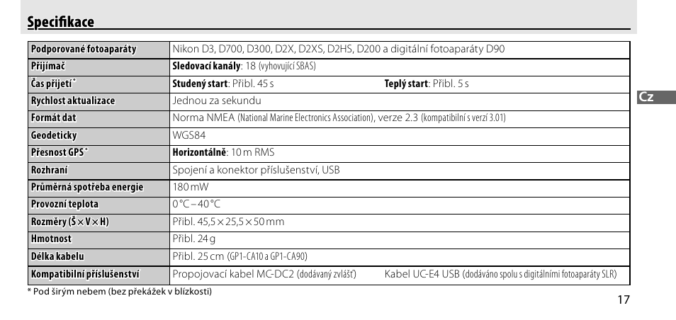 Specifikace, Speciﬁ kace | Nikon GP-1-DSLR User Manual | Page 271 / 418