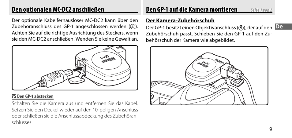 Den optionalen mc-dc2 anschließen, Den gp-1 auf die kamera montieren | Nikon GP-1-DSLR User Manual | Page 29 / 418