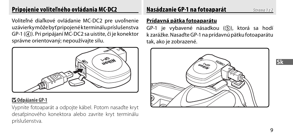 Pripojenie voliteľného ovládania mc-dc2, Nasádzanie gp-1 na fotoaparát | Nikon GP-1-DSLR User Manual | Page 299 / 418