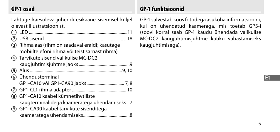 Gp-1 osad, Gp-1 funktsioonid | Nikon GP-1-DSLR User Manual | Page 331 / 418