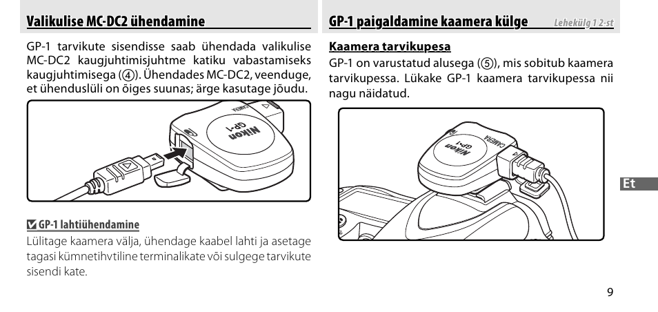 Valikulise mc-dc2 ühendamine, Gp-1 paigaldamine kaamera külge | Nikon GP-1-DSLR User Manual | Page 335 / 418