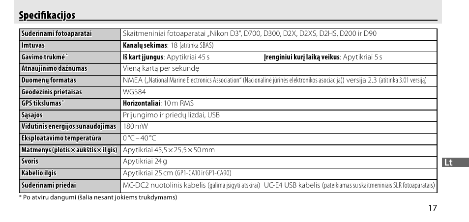 Specifikacijos, Speciﬁ kacijos | Nikon GP-1-DSLR User Manual | Page 379 / 418