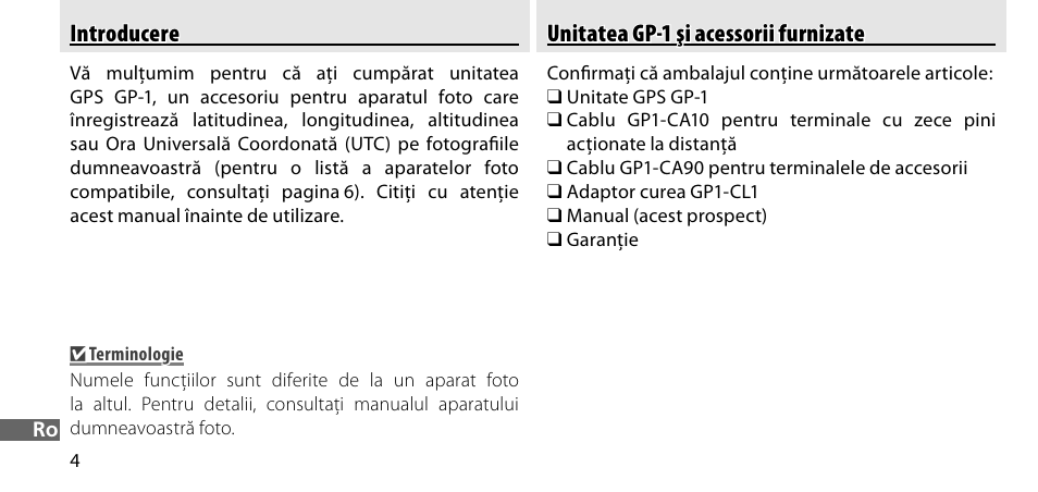 Introducere, Unitatea gp-1 şi acessorii furnizate | Nikon GP-1-DSLR User Manual | Page 402 / 418