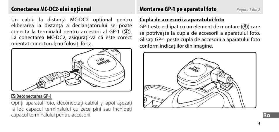 Conectarea mc-dc2-ului opţional, Montarea gp-1 pe aparatul foto | Nikon GP-1-DSLR User Manual | Page 407 / 418
