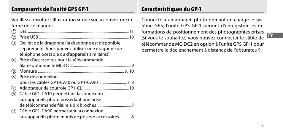 Composants de l’unité gps gp-1, Caractéristiques du gp-1 | Nikon GP-1-DSLR User Manual | Page 43 / 418