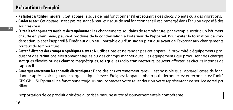 Précautions d’emploi | Nikon GP-1-DSLR User Manual | Page 54 / 418