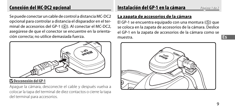 Conexión del mc-dc2 opcional, Instalación del gp-1 en la cámara | Nikon GP-1-DSLR User Manual | Page 65 / 418