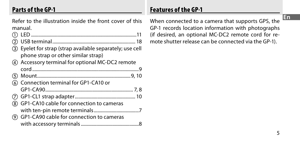 Parts of the gp-1, Features of the gp-1 | Nikon GP-1-DSLR User Manual | Page 7 / 418