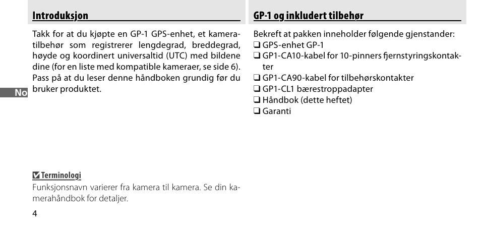 Introduksjon, Gp-1 og inkludert tilbehør | Nikon GP-1-DSLR User Manual | Page 78 / 418