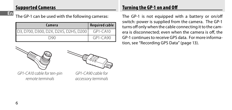 Supported cameras, Turning the gp-1 on and off | Nikon GP-1-DSLR User Manual | Page 8 / 418