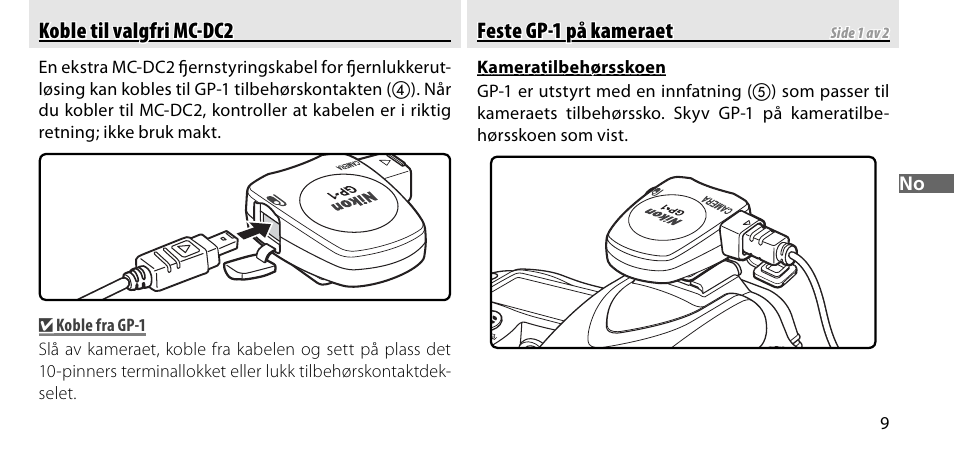 Koble til valgfri mc-dc2, Feste gp-1 på kameraet | Nikon GP-1-DSLR User Manual | Page 83 / 418