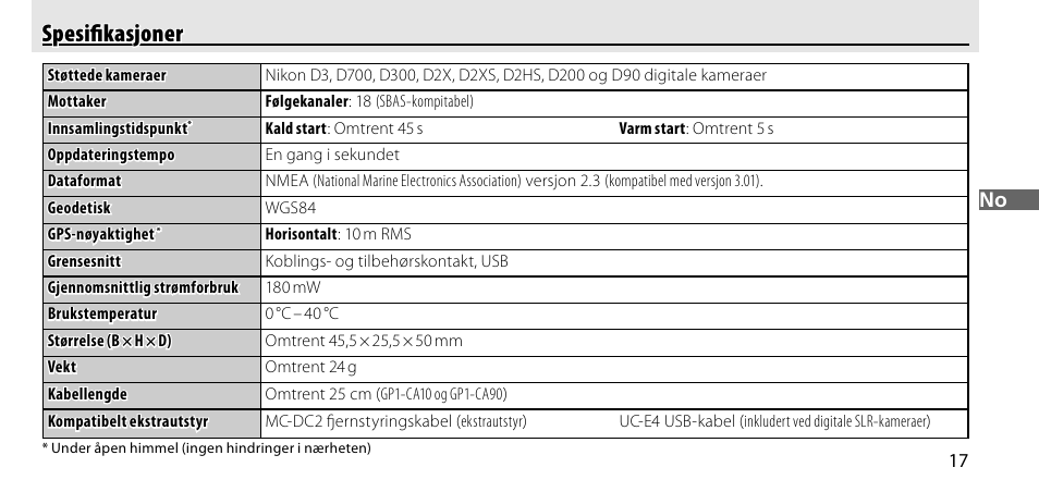 Spesifikasjoner, Spesiﬁ kasjoner | Nikon GP-1-DSLR User Manual | Page 91 / 418