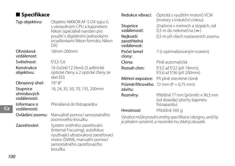 Specifikace | Nikon 18-200mm-f-35-56G-ED-AF-S-VR-II-DX User Manual | Page 100 / 148