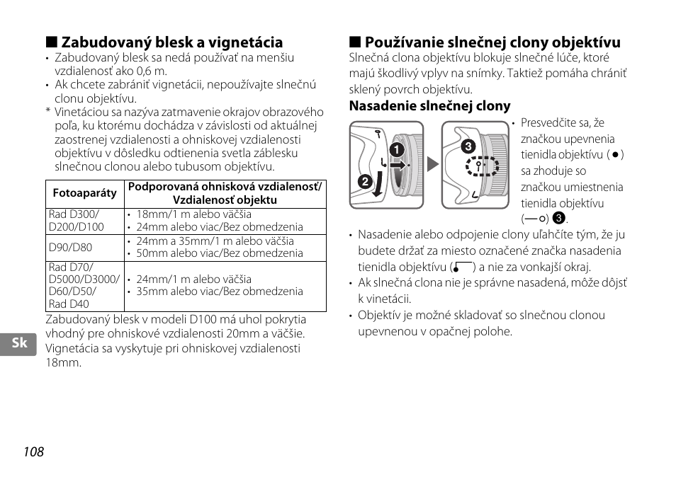 Zabudovaný blesk a vignetácia, Používanie slnečnej clony objektívu, Nasadenie slnečnej clony | Nikon 18-200mm-f-35-56G-ED-AF-S-VR-II-DX User Manual | Page 108 / 148