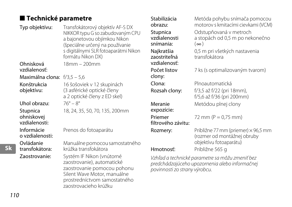 Technické parametre | Nikon 18-200mm-f-35-56G-ED-AF-S-VR-II-DX User Manual | Page 110 / 148