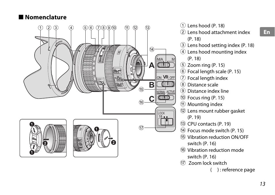 Nomenclature, Cb a, 13 en | Nikon 18-200mm-f-35-56G-ED-AF-S-VR-II-DX User Manual | Page 13 / 148