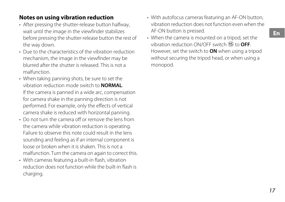 Notes on using vibration reduction | Nikon 18-200mm-f-35-56G-ED-AF-S-VR-II-DX User Manual | Page 17 / 148