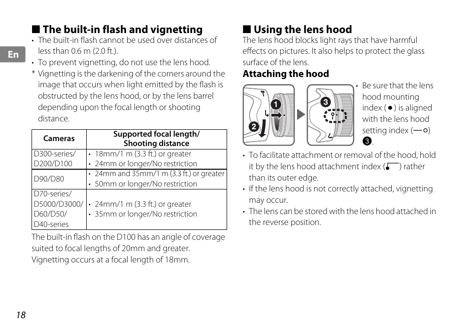 The built-in flash and vignetting, Using the lens hood, Attaching the hood | Nikon 18-200mm-f-35-56G-ED-AF-S-VR-II-DX User Manual | Page 18 / 148
