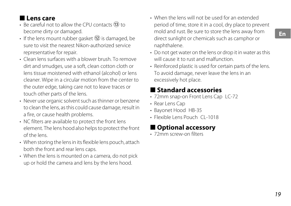 Lens care, Standard accessories, Optional accessory | Nikon 18-200mm-f-35-56G-ED-AF-S-VR-II-DX User Manual | Page 19 / 148