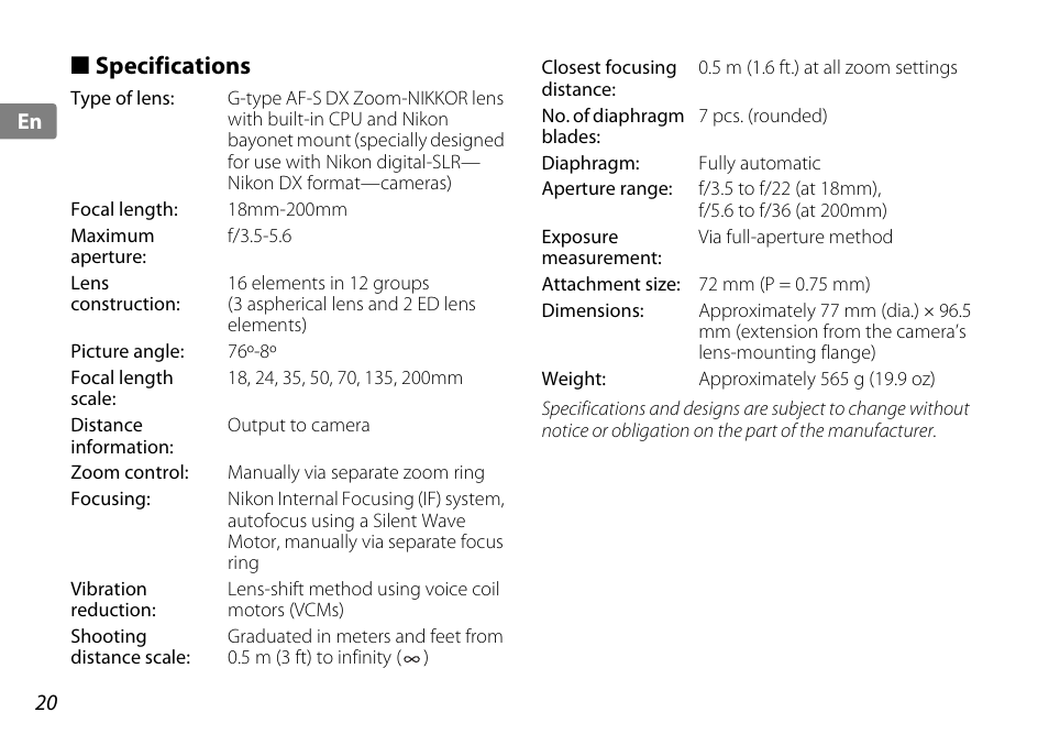 Specifications | Nikon 18-200mm-f-35-56G-ED-AF-S-VR-II-DX User Manual | Page 20 / 148