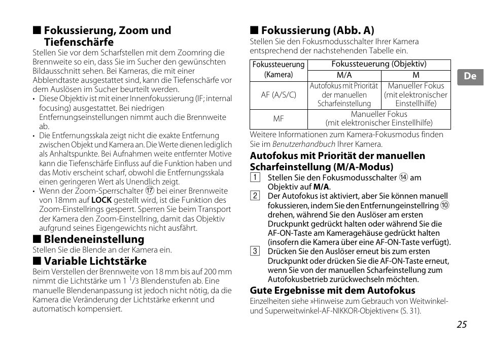 Scharfeinstellung, zoomen und tiefenschärfe, Blendeneinstellung, Variable maximale blenden | Fokusierung (abb. a), Gute ergebnisse mit dem autofokus, G (s. 25), S. 25), Akte (s. 29), Fokussierung, zoom und tiefenschärfe, Variable lichtstärke | Nikon 18-200mm-f-35-56G-ED-AF-S-VR-II-DX User Manual | Page 25 / 148