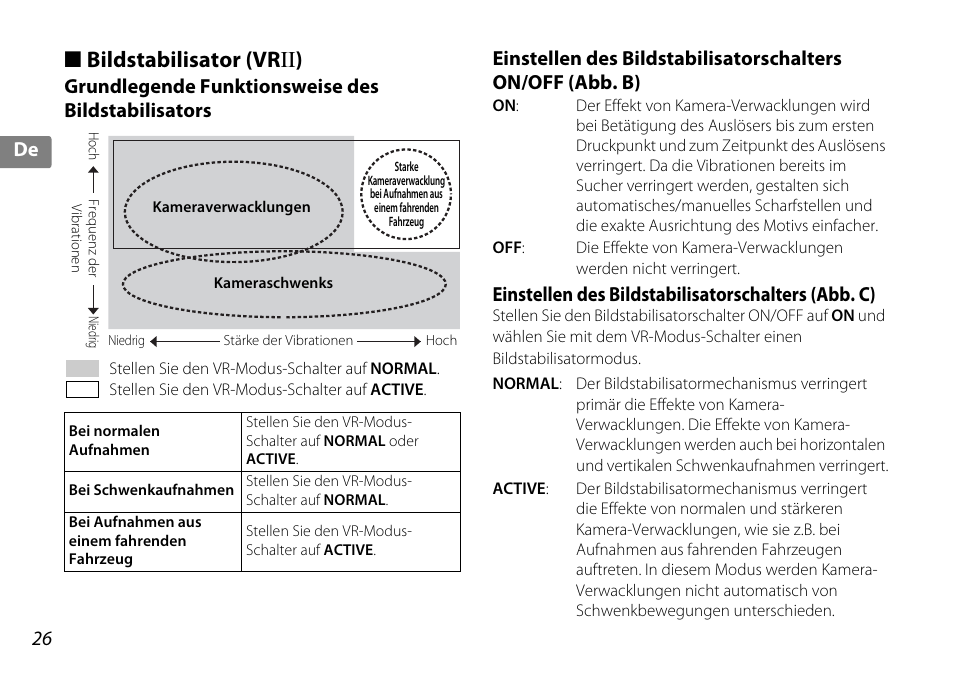 Bildstabilisatormodus (vrii), Grundlegende funktionsweise des bildstabilisators, Einstellen des bildstabilisatorschalters (abb. c) | Bildstabil, Bildstabilisator (vr ii ), 26 de de | Nikon 18-200mm-f-35-56G-ED-AF-S-VR-II-DX User Manual | Page 26 / 148