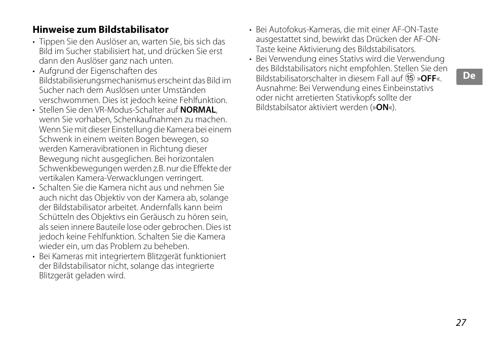 Hinweise zum bildstabilisator | Nikon 18-200mm-f-35-56G-ED-AF-S-VR-II-DX User Manual | Page 27 / 148