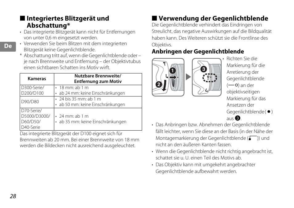 Integriertes blitzgerät und abschattung, Verwendung der gegenlichtblende, Anbringen der gegenlichtblende | Nde (s. 28), Genlichtblende (s | Nikon 18-200mm-f-35-56G-ED-AF-S-VR-II-DX User Manual | Page 28 / 148