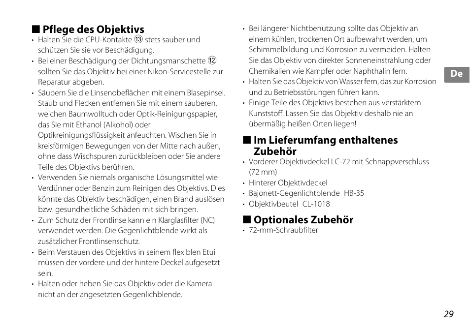 Pflege des objektivs, Im lieferumfang enthaltenes zubehör, Optionales zubehör | Nschette (s | Nikon 18-200mm-f-35-56G-ED-AF-S-VR-II-DX User Manual | Page 29 / 148