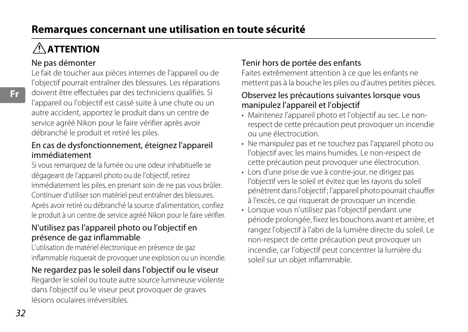 Attention | Nikon 18-200mm-f-35-56G-ED-AF-S-VR-II-DX User Manual | Page 32 / 148