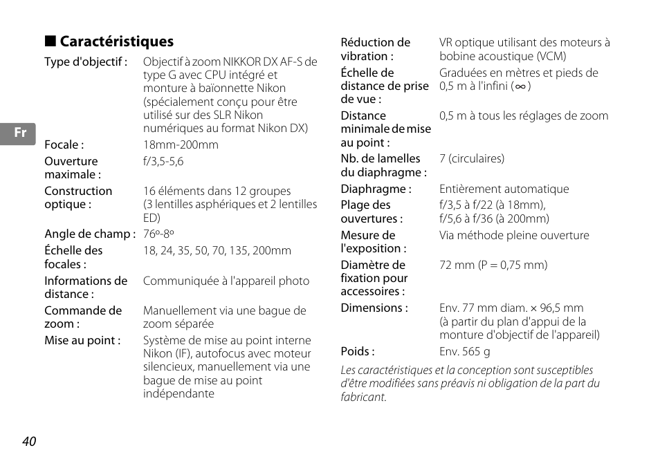 Caractéristiques | Nikon 18-200mm-f-35-56G-ED-AF-S-VR-II-DX User Manual | Page 40 / 148