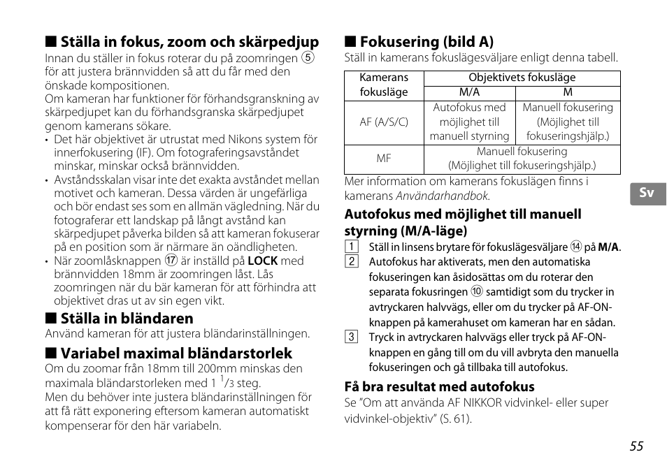 Ställa in fokus, zoom och skärpedjup, Ställa in bländaren, Variabel maximal bländarstorlek | Fokusering (bild a), Få bra resultat med autofokus, Ng (s. 55), A (s. 55), Ing (s. 55), S. 55) | Nikon 18-200mm-f-35-56G-ED-AF-S-VR-II-DX User Manual | Page 55 / 148