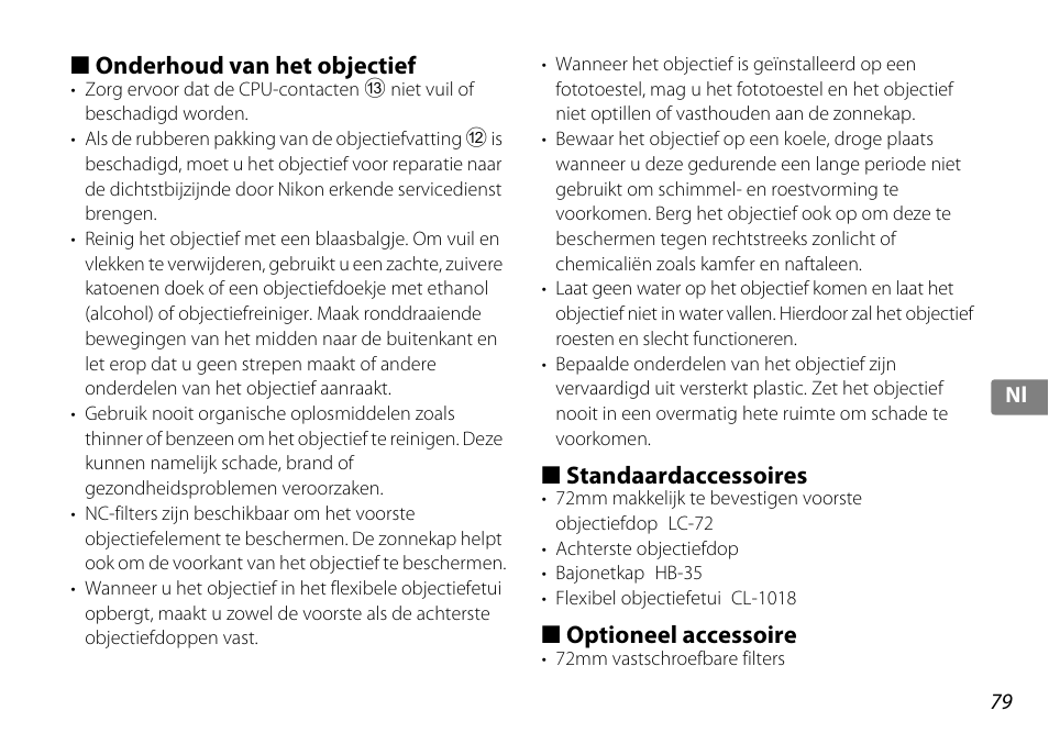 Onderhoud van het objectief, Standaardaccessoires, Optioneel accessoire | Ng (p. 79), Ten (p. 79) | Nikon 18-200mm-f-35-56G-ED-AF-S-VR-II-DX User Manual | Page 79 / 148