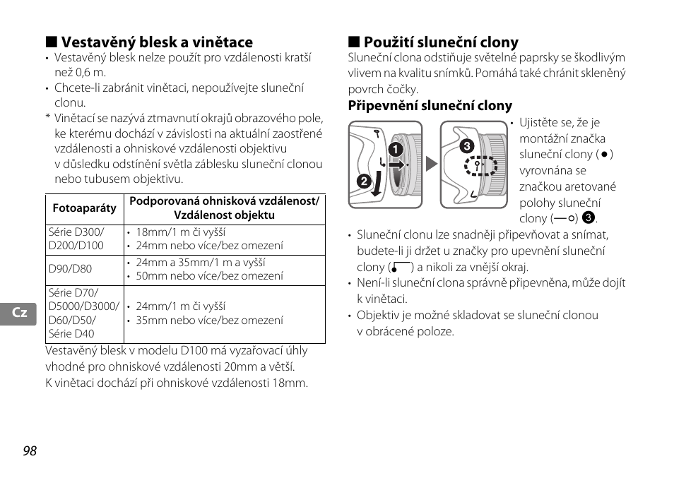 Vestavěný blesk a vinětace, Použití sluneční clony, Připevnění sluneční clony | Nikon 18-200mm-f-35-56G-ED-AF-S-VR-II-DX User Manual | Page 98 / 148