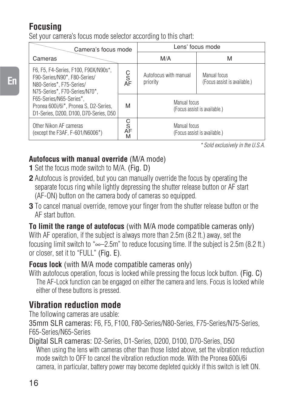 Focusing, Vibration reduction mode | Nikon 70-200mm-f-28G-ED-IF-AF-S-VR-Zoom-Nikko User Manual | Page 16 / 72